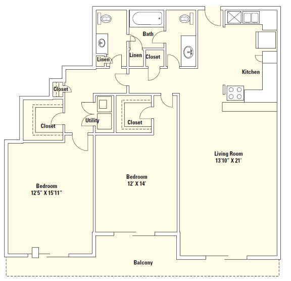 B1 1,247 Sq.Ft. Floor Plan at Memorial Towers Apartments, The Barvin Group, Houston, TX